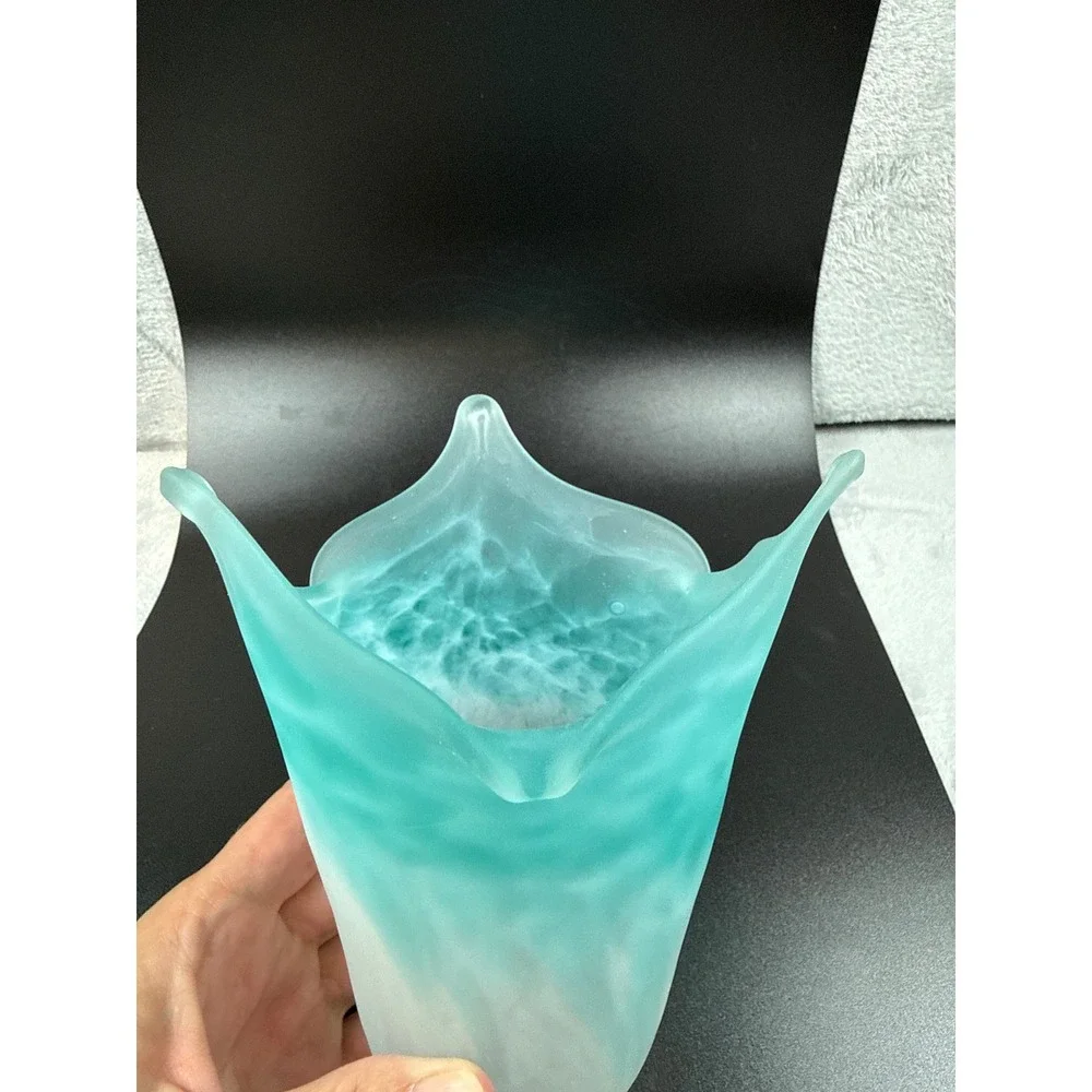 2 Frosted Glass Lamp Shades Turquoise Teal/Cyan White Ombre Handkerchief Ruffled